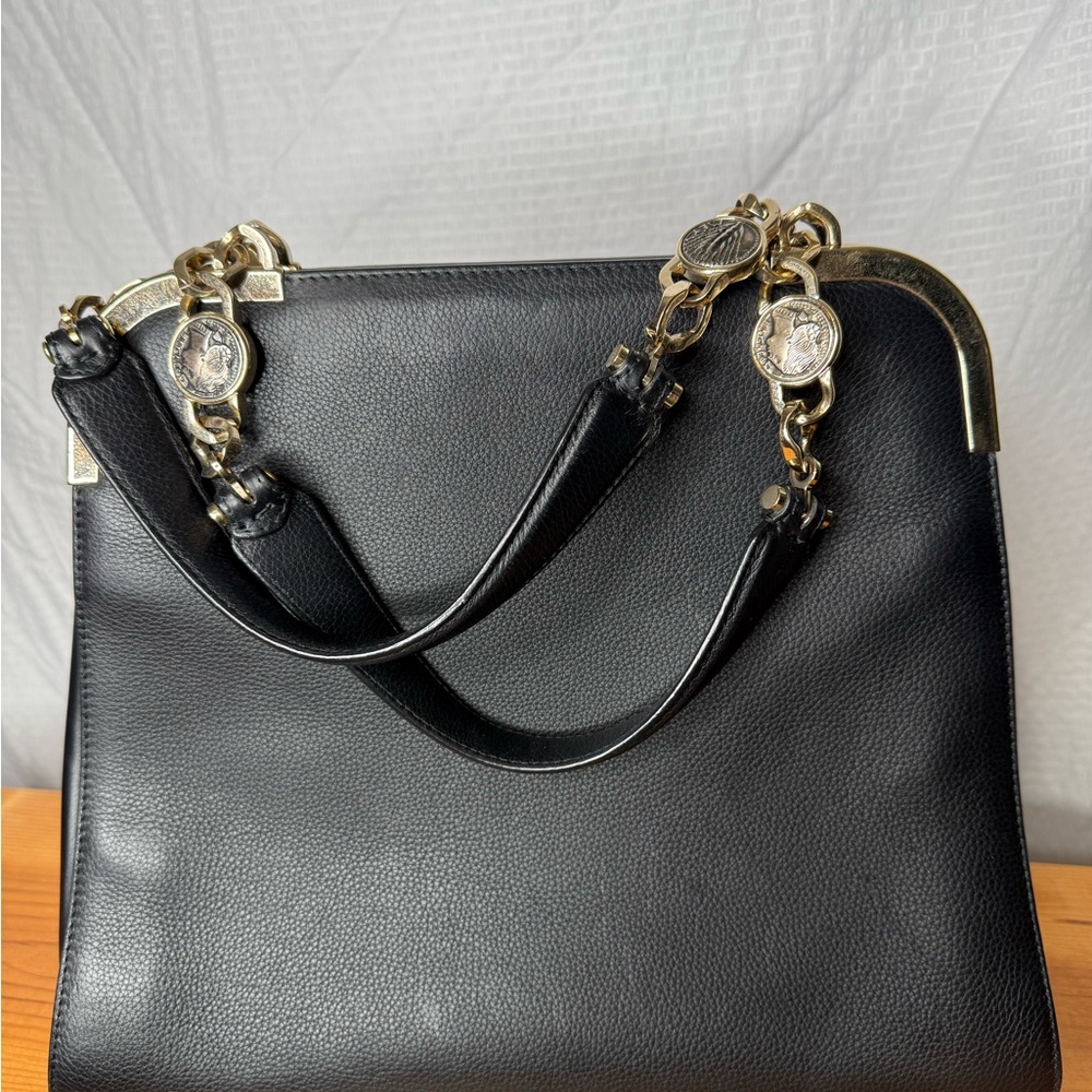 Bvlgari Black Leather HandBag Monete Gold Chain Coin Style Medallions Handle